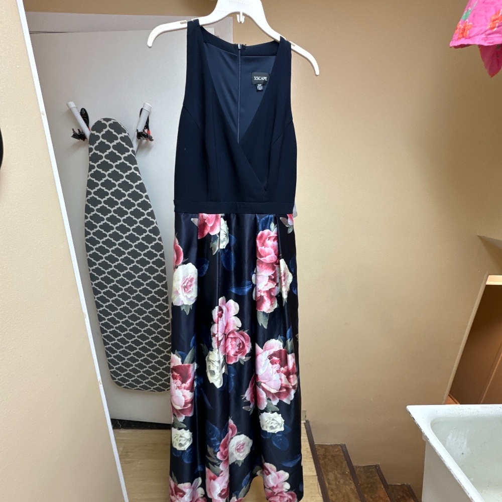 Xscape Black and Pink Floral Maxi Dress